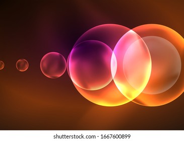 Glühende neonfarbene transparente Bläschen, Glaskreise oder Bio-Zellkonzept. Techno-futuristische Vektorillustration abstrakter Hintergrund für Bildschirmhintergrund, Banner, Hintergrund, Karte, Buchillustration, Landungsseite