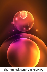 Glühende neonfarbene transparente Bläschen, Glaskreise oder Bio-Zellkonzept. Techno-futuristische Vektorillustration abstrakter Hintergrund für Bildschirmhintergrund, Banner, Hintergrund, Karte, Buchillustration, Landungsseite