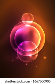 Glowing neon shiny transparent bubbles, glass circles or bio cell concept. Techno futuristic vector abstract background For Wallpaper, Banner, Background, Card, Book Illustration, landing page