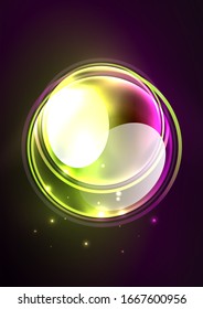 Glowing neon shiny transparent bubbles, glass circles or bio cell concept. Techno futuristic vector abstract background For Wallpaper, Banner, Background, Card, Book Illustration, landing page
