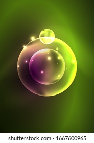 Burbujas transparentes brillantes de neón, círculos de vidrio o concepto de bio-célula. Fondo abstracto vectorial futurista Techno para papel tapiz, banner, fondo, tarjeta, ilustración de libro, página de inicio