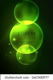 Glowing neon shiny transparent bubbles, glass circles or bio cell concept. Techno futuristic vector abstract background For Wallpaper, Banner, Background, Card, Book Illustration, landing page