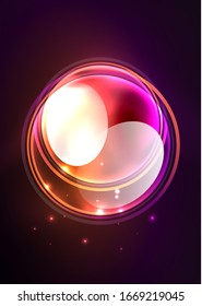 Glowing neon shiny transparent bubbles, glass circles or bio cell concept. Techno futuristic vector abstract background 