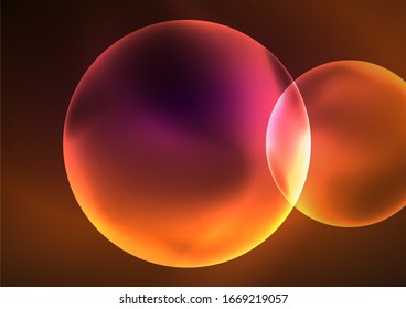 Glowing neon shiny transparent bubbles, glass circles or bio cell concept. Techno futuristic vector abstract background 