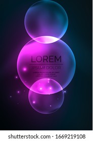 Glowing neon shiny transparent bubbles, glass circles or bio cell concept. Techno futuristic vector abstract background 