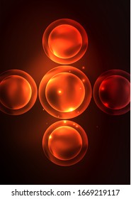 Bolhas transparentes brilhantes neon brilhante, círculos de vidro ou conceito de biocélula. Fundo abstrato do vetor futurista Techno 