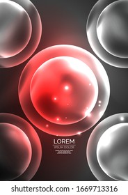 Burbujas transparentes brillantes de neón, círculos de vidrio o concepto de bio-célula. Fondo abstracto vectorial futurista Techno para papel tapiz, banner, fondo, tarjeta, ilustración de libro, página de inicio