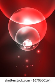 Burbujas transparentes brillantes de neón, círculos de vidrio o concepto de bio-célula. Fondo abstracto vectorial futurista Techno para papel tapiz, banner, fondo, tarjeta, ilustración de libro, página de inicio