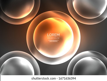 Glowing neon shiny transparent bubbles, glass circles or bio cell concept. Techno futuristic vector abstract background For Wallpaper, Banner, Background, Card, Book Illustration, landing page
