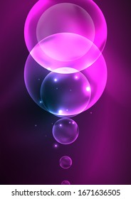 Glowing neon shiny transparent bubbles, glass circles or bio cell concept. Techno futuristic vector abstract background For Wallpaper, Banner, Background, Card, Book Illustration, landing page