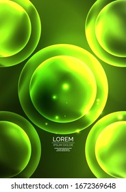 Glowing neon shiny transparent bubbles, glass circles or bio cell concept. Techno futuristic vector abstract background For Wallpaper, Banner, Background, Card, Book Illustration, landing page