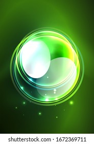 Glowing neon shiny transparent bubbles, glass circles or bio cell concept. Techno futuristic vector abstract background For Wallpaper, Banner, Background, Card, Book Illustration, landing page