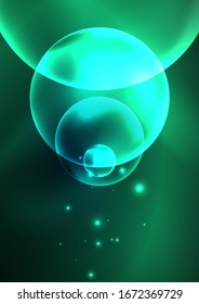 Glowing neon shiny transparent bubbles, glass circles or bio cell concept. Techno futuristic vector abstract background For Wallpaper, Banner, Background, Card, Book Illustration, landing page