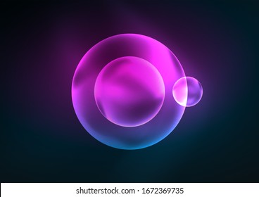 Glowing neon shiny transparent bubbles, glass circles or bio cell concept. Techno futuristic vector abstract background For Wallpaper, Banner, Background, Card, Book Illustration, landing page