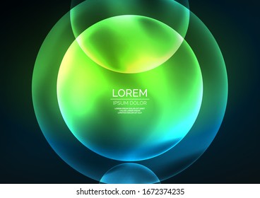 Glowing neon shiny transparent bubbles, glass circles or bio cell concept. Techno futuristic vector abstract background For Wallpaper, Banner, Background, Card, Book Illustration, landing page