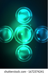 Glühende neonfarbene transparente Bläschen, Glaskreise oder Bio-Zellkonzept. Techno-futuristische Vektorillustration abstrakter Hintergrund für Bildschirmhintergrund, Banner, Hintergrund, Karte, Buchillustration, Landungsseite