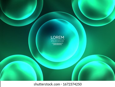 Glowing neon shiny transparent bubbles, glass circles or bio cell concept. Techno futuristic vector abstract background For Wallpaper, Banner, Background, Card, Book Illustration, landing page