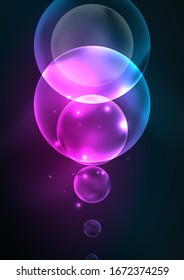 Glowing neon shiny transparent bubbles, glass circles or bio cell concept. Techno futuristic vector abstract background For Wallpaper, Banner, Background, Card, Book Illustration, landing page