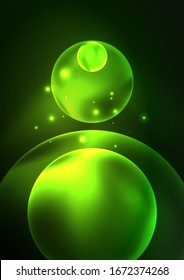 Glowing neon shiny transparent bubbles, glass circles or bio cell concept. Techno futuristic vector abstract background For Wallpaper, Banner, Background, Card, Book Illustration, landing page