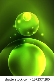 Glowing neon shiny transparent bubbles, glass circles or bio cell concept. Techno futuristic vector abstract background For Wallpaper, Banner, Background, Card, Book Illustration, landing page