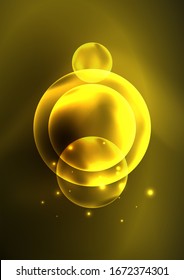 Glowing neon shiny transparent bubbles, glass circles or bio cell concept. Techno futuristic vector abstract background For Wallpaper, Banner, Background, Card, Book Illustration, landing page