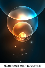 Glowing neon shiny transparent bubbles, glass circles or bio cell concept. Techno futuristic vector abstract background For Wallpaper, Banner, Background, Card, Book Illustration, landing page