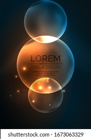 Burbujas transparentes brillantes de neón, círculos de vidrio o concepto de bio-célula. Fondo abstracto vectorial futurista Techno para papel tapiz, banner, fondo, tarjeta, ilustración de libro, página de inicio