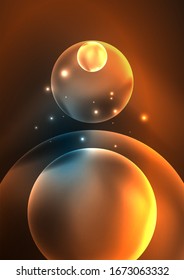 Glowing neon shiny transparent bubbles, glass circles or bio cell concept. Techno futuristic vector abstract background For Wallpaper, Banner, Background, Card, Book Illustration, landing page