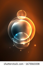 Bolhas transparentes brilhantes neon brilhante, círculos de vidro ou conceito de biocélula. Tecno vetor futurista abstrato fundo Para papel de parede, Banner, Fundo, Cartão, Ilustração de livro, página inicial