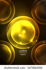 Burbujas transparentes brillantes de neón, círculos de vidrio o concepto de bio-célula. Fondo abstracto vectorial futurista Techno para papel tapiz, banner, fondo, tarjeta, ilustración de libro, página de inicio