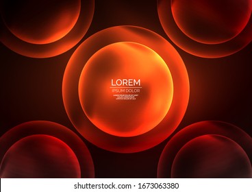 Glühende neonfarbene transparente Bläschen, Glaskreise oder Bio-Zellkonzept. Techno-futuristische Vektorillustration abstrakter Hintergrund für Bildschirmhintergrund, Banner, Hintergrund, Karte, Buchillustration, Landungsseite