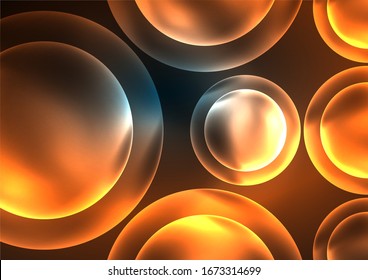 Glowing neon shiny transparent bubbles, glass circles or bio cell concept. Techno futuristic vector abstract background For Wallpaper, Banner, Background, Card, Book Illustration, landing page