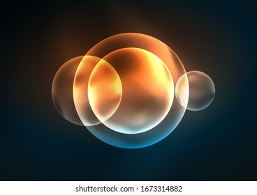 Glühende neonfarbene transparente Bläschen, Glaskreise oder Bio-Zellkonzept. Techno-futuristische Vektorillustration abstrakter Hintergrund für Bildschirmhintergrund, Banner, Hintergrund, Karte, Buchillustration, Landungsseite
