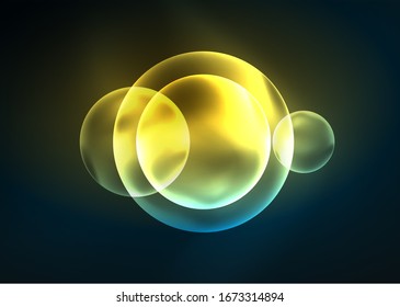 Glowing neon shiny transparent bubbles, glass circles or bio cell concept. Techno futuristic vector abstract background For Wallpaper, Banner, Background, Card, Book Illustration, landing page