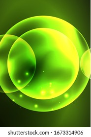 Burbujas transparentes brillantes de neón, círculos de vidrio o concepto de bio-célula. Fondo abstracto vectorial futurista Techno para papel tapiz, banner, fondo, tarjeta, ilustración de libro, página de inicio