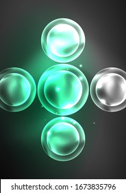 Glowing neon shiny transparent bubbles, glass circles or bio cell concept. Techno futuristic vector abstract background For Wallpaper, Banner, Background, Card, Book Illustration, landing page