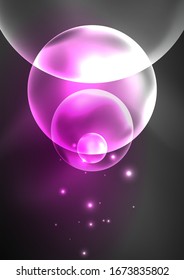 Glowing neon shiny transparent bubbles, glass circles or bio cell concept. Techno futuristic vector abstract background For Wallpaper, Banner, Background, Card, Book Illustration, landing page