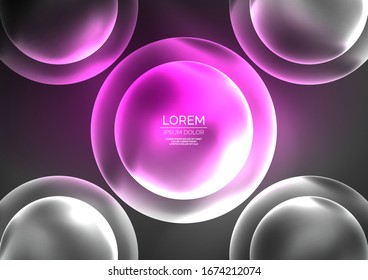 Glühende neonfarbene transparente Bläschen, Glaskreise oder Bio-Zellkonzept. Techno-futuristische Vektorillustration abstrakter Hintergrund für Bildschirmhintergrund, Banner, Hintergrund, Karte, Buchillustration, Landungsseite