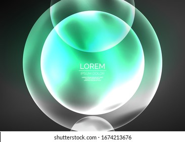 Burbujas transparentes brillantes de neón, círculos de vidrio o concepto de bio-célula. Fondo abstracto vectorial futurista Techno para papel tapiz, banner, fondo, tarjeta, ilustración de libro, página de inicio