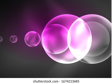 Burbujas transparentes brillantes de neón, círculos de vidrio o concepto de bio-célula. Fondo abstracto vectorial futurista Techno para papel tapiz, banner, fondo, tarjeta, ilustración de libro, página de inicio