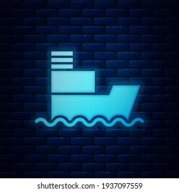 Glowing neon Ship icon isolated on brick wall background. Insurance concept. Security, safety, protection, protect concept.  Vector