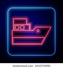 Glowing neon Ship line path of ship sea route with start point GPS and black line icon isolated on black background.  Vector