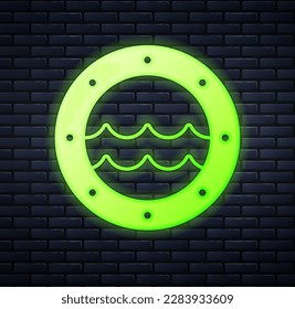 Glowing neon Ship porthole with rivets and seascape outside icon isolated on brick wall background.  Vector