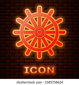 Glowing neon Ship steering wheel icon isolated on brick wall background.  Vector Illustration