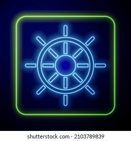 Glowing neon Ship steering wheel icon isolated on blue background.  Vector