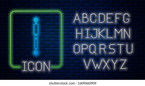 Glowing neon Shock absorber icon isolated on brick wall background. Neon light alphabet. Vector Illustration