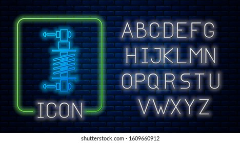Glowing neon Shock absorber icon isolated on brick wall background. Neon light alphabet. Vector Illustration