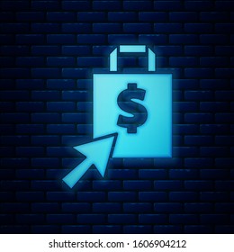 Glowing neon Shoping bag and dollar icon isolated on brick wall background. Handbag sign. Woman bag icon. Female handbag sign.  Vector Illustration