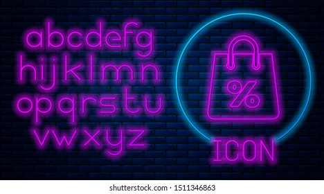 Glowing neon Shoping bag with an inscription percent discount icon isolated on brick wall background. Handbag sign. Woman bag icon. Female handbag sign. Neon light alphabet. Vector Illustration
