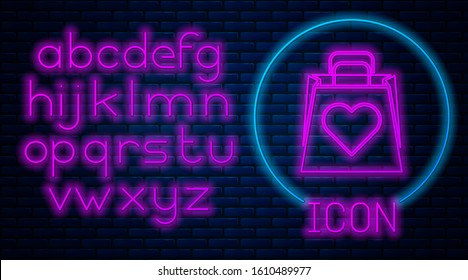 Glowing neon Shopping bag with heart icon isolated on brick wall background. Shopping bag shop love like heart icon. Valentines day symbol. Neon light alphabet. Vector Illustration